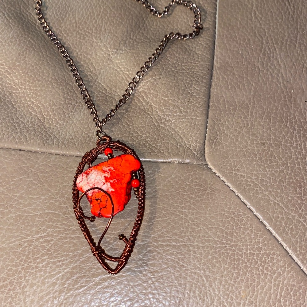 Piece of Coral wrapped with Copper Necklace